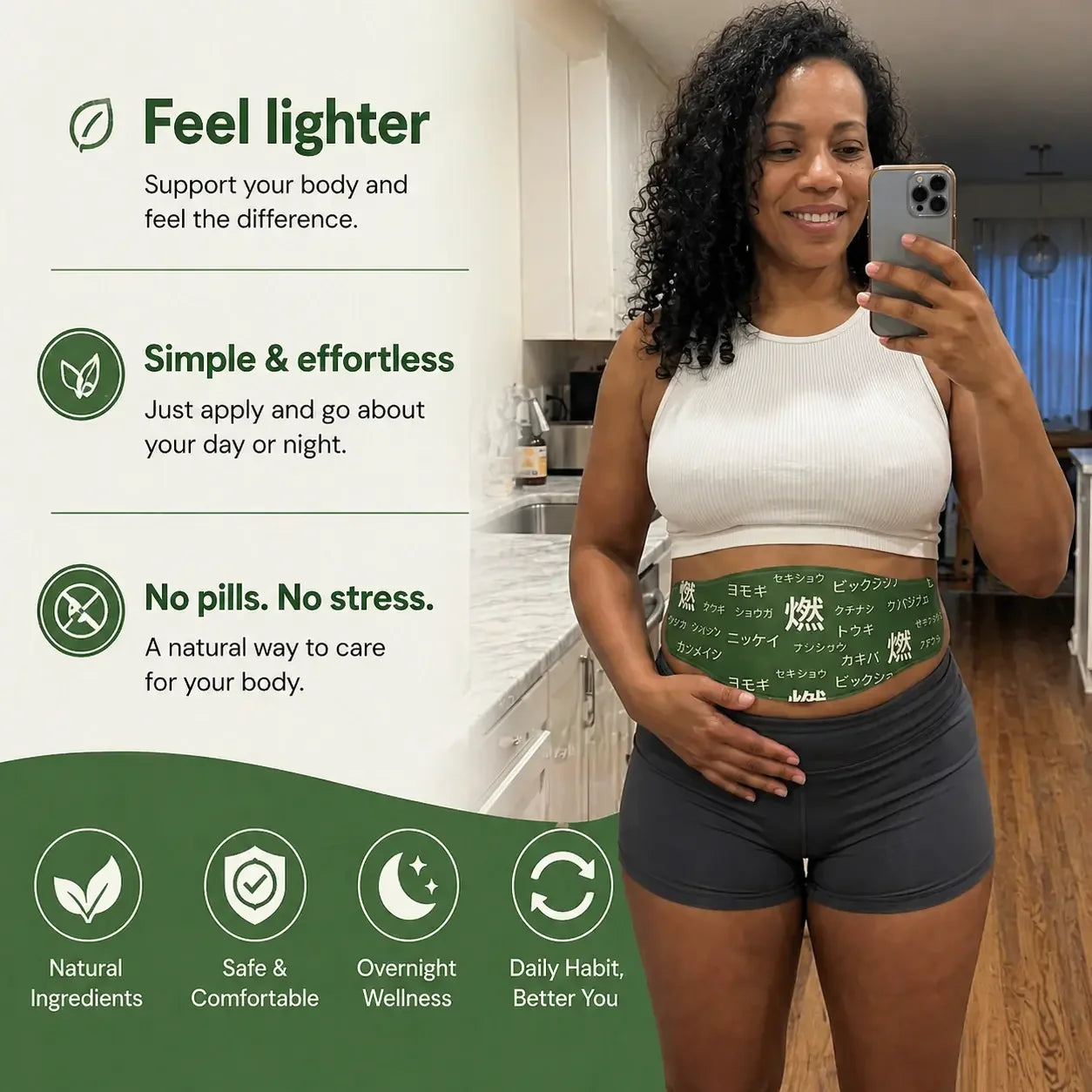 adesivo herbal MoxyPatch Corvenly para bem-estar natural, mostra o patch herbal na pele em fundo branco